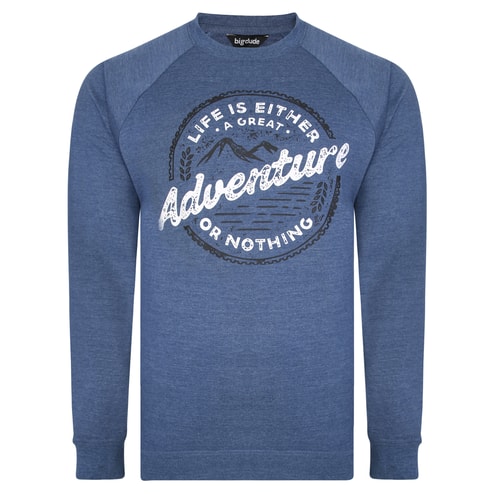 Bigdude Raglan-Pullover mit Rundhalsausschnitt und 'Adventure'-Print Dark Denim Meliert