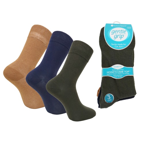Big Foot Diabetikersocken mit sanftem Griff, 3er-Pack, Ocker/Marineblau/Grün