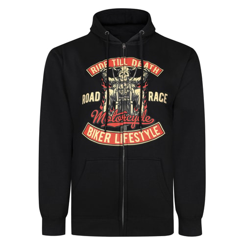 Bigdude Motorrad-Print Kapuzenpullover mit durchgehendem Reißverschluss, Schwarz