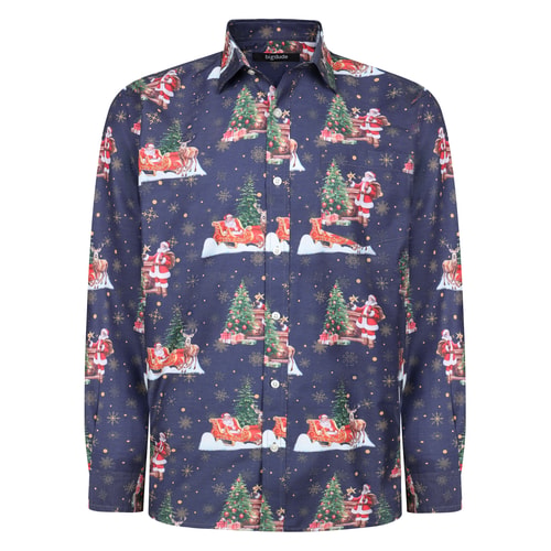 Bigdude Weihnachtshemd mit Cut-away-Kragen, langärmlig, marineblau