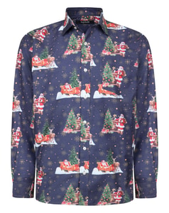 Bigdude Weihnachtshemd mit Cut-away-Kragen, langärmlig, marineblau