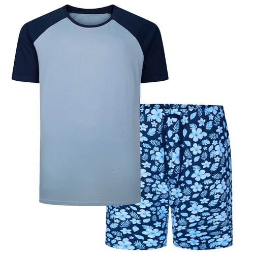 Bigdude Raglan-Schlafanzug-Set aus reiner Baumwolle mit Blumenmuster, Hellblau/Marineblau