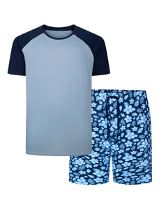 Bigdude Raglan-Schlafanzug-Set aus reiner Baumwolle mit Blumenmuster, Hellblau/Marineblau