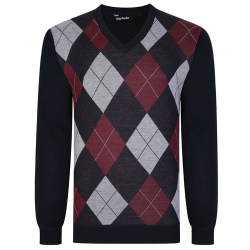 Bigdude Argyle Strickpullover mit V-Ausschnitt Marineblau