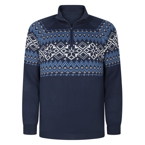 Bigdude Fair Isle Strickpullover mit Viertelreißverschluss, Marineblau