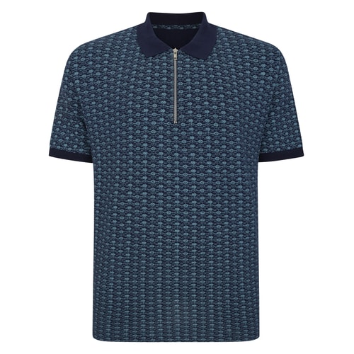 Bigdude AOP Geometrisches Poloshirt mit Reißverschluss, Marineblau, Groß