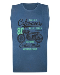 Ärmelloses T-Shirt mit Vintage-Motorradclub-Print von Bigdude, Denim-Meliert