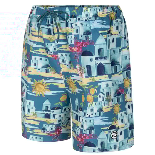 Badeshorts mit griechischem Villenmuster und Spionagemotiv