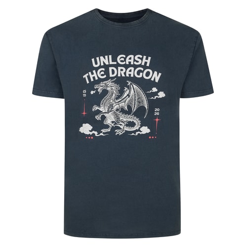 Bigdude Unleash the Dragon Acid Wash Print T-Shirt, gewaschenes Marineblau
