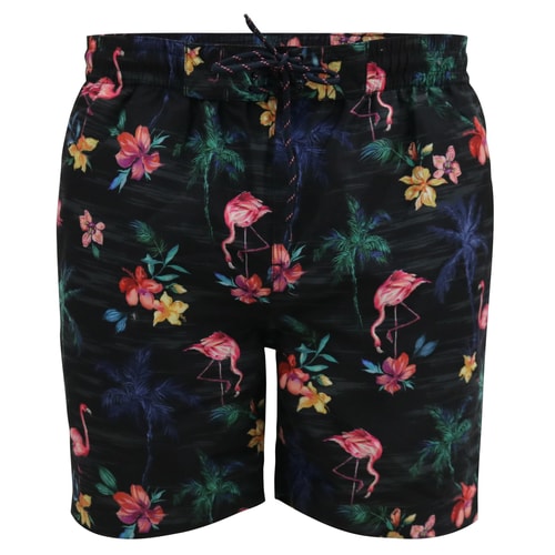 D555 Campton Badeshorts mit Flamingo- und Palmendruck, Schwarz