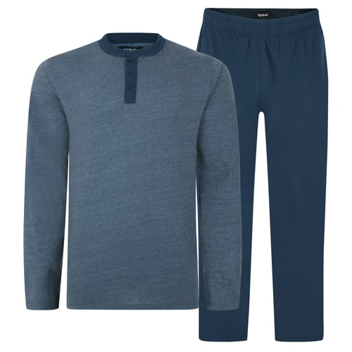 Bigdude Contrast Grandad Langarm-Pyjama-Set, dunkles Denim, meliert/Marineblau