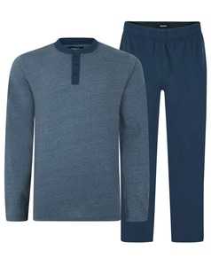 Bigdude Contrast Grandad Langarm-Pyjama-Set, dunkles Denim, meliert/Marineblau