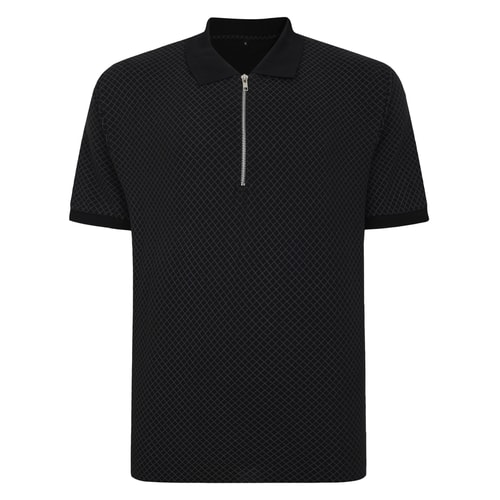 Bigdude – Geometrisches Poloshirt mit Reißverschluss, Schwarz, Groß