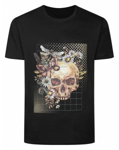Bigdude T-Shirt mit Totenkopf-Blumenmuster, Schwarz