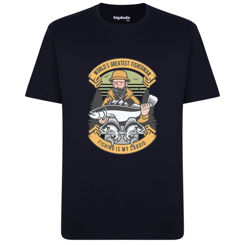 Bigdude – T-Shirt mit Fisherman-Print in Marineblau, Größe L