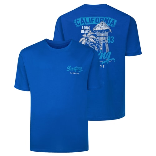Bigdude California Surfing Paradise Rückendruck-T-Shirt Königsblau