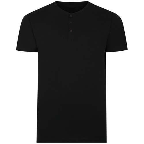 Bigdude T-Shirt mit Knopfleiste Schwarz Tall Fit 