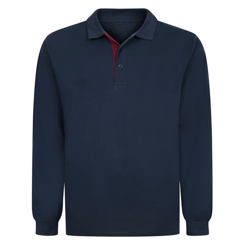 Bigdude Langarm-Poloshirt mit Kontrastknopfleiste, Marineblau/Burgunderrot