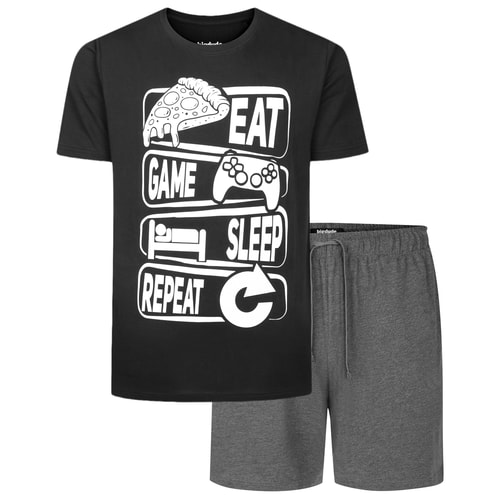 Bigdude Eat Game Sleep Repeat Schlafanzug-Set Schwarz/Anthrazit meliert