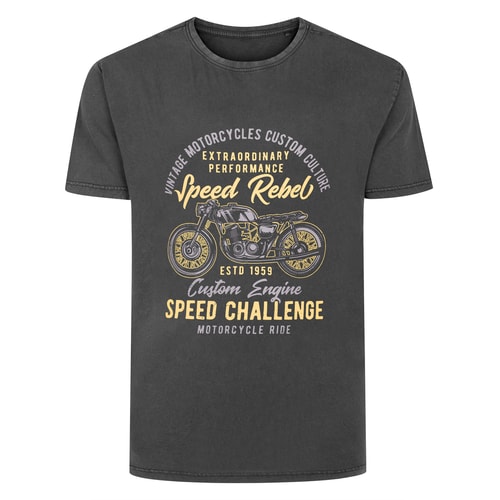 Bigdude Acid Washed Speed Rebel Print T-Shirt, gewaschenes Schwarz, Größe L
