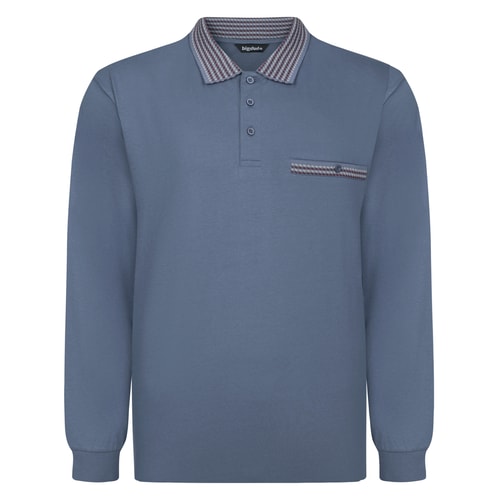 Bigdude Langarm-Polohemd aus schwerem Jersey mit Kontrastkragen, Farbe: Dusty Blue