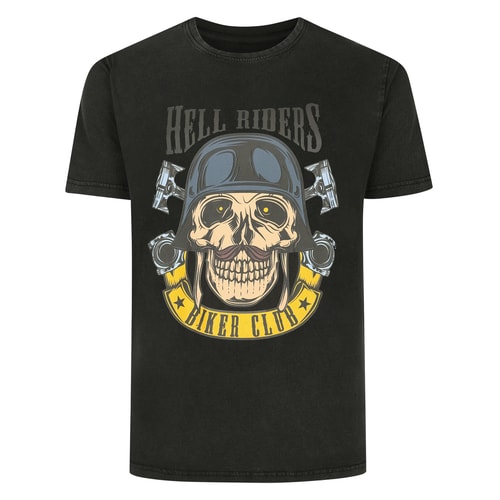 Bigdude Hell Rider Print Kurzarm-T-Shirt mit Acid-Wash-Effekt, gewaschenes Schwarz
