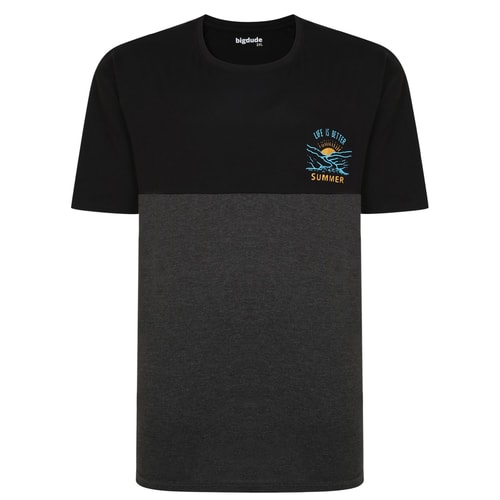 Bigdude Cut & Sew T-Shirt mit Brustaufdruck Schwarz/Kohle Tall