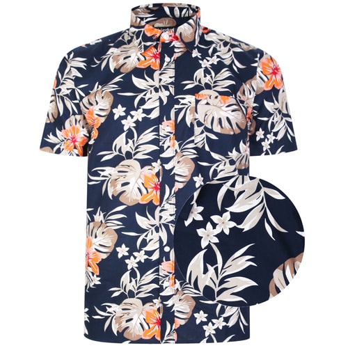 Bigdude Blooming Flower Print Kurzarmhemd Marineblau