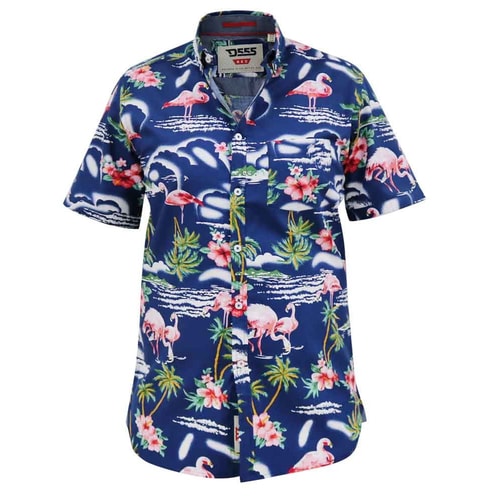 D555 Durham Flamingo Hawaiian Print Kurzarmhemd Blau