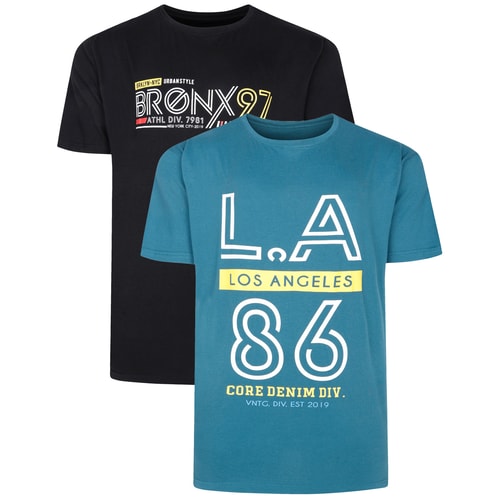 Bigdude Doppelpack T-Shirt mit LA- und Bronx-Print Petrol/Schwarz Tall