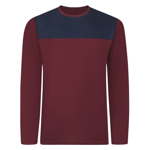 Bigdude Cut & Sew 2-Ton Langarm-T-Shirt Burgunderrot/Marineblau