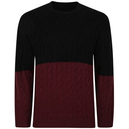 Bigdude Zopfmuster-Farbblockpullover Burgund/Schwarz