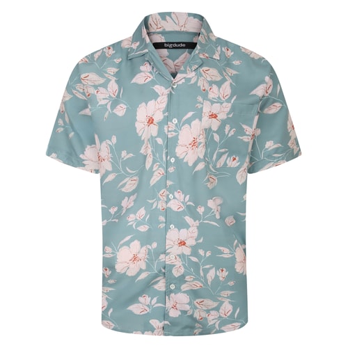 Bigdude – Kurzärmliges Hemd mit Blumenmuster und entspanntem Kragen, Hellgrün, Tall