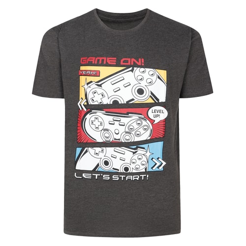 Bigdude – T-Shirt mit „Game On“-Print, Anthrazit meliert, große Größe