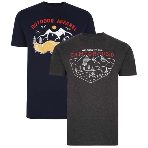Bigdude T-Shirt im Doppelpack mit Camping Outdoor Print Blau/Grau