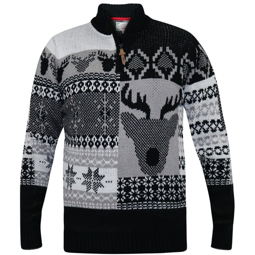 D555 Icicle 1/4 Zip Weihnachtspullover mit Hirsch-Print Schwarz
