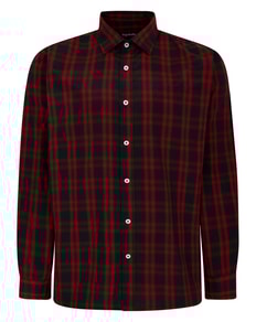 Bigdude – Kariertes Popeline-Langarmhemd, Rot, Space Cherry/Navy