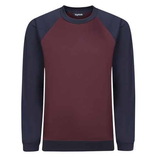 Bigdude Raglan-Sweatshirt mit Kontrast-Rundhalsausschnitt, Burgunderrot/Marineblau, Größe L