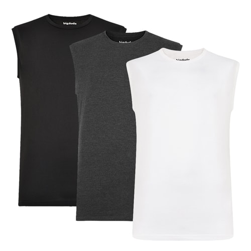 Bigdude 3er-Pack einfarbige ärmellose T-Shirts, Schwarz/Anthrazit/Weiß
