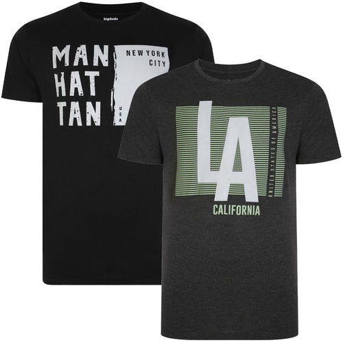 Bigdude 2er-Pack American States Print T-Shirt Schwarz/Kohle Tall