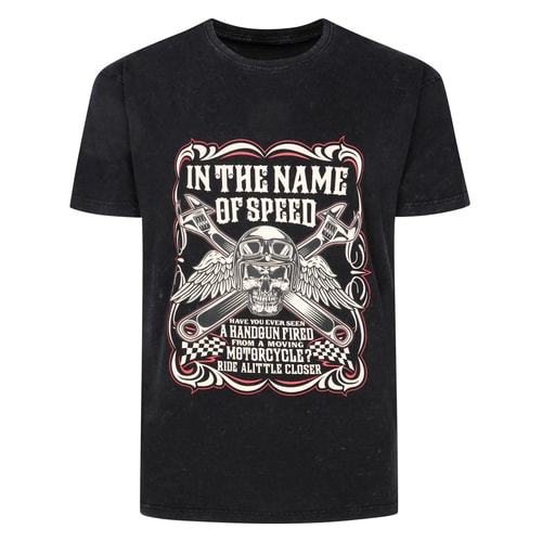 Bigdude – T-Shirt mit „In The Name Of Speed“-Print in Acid-Waschung, Schwarz, Groß