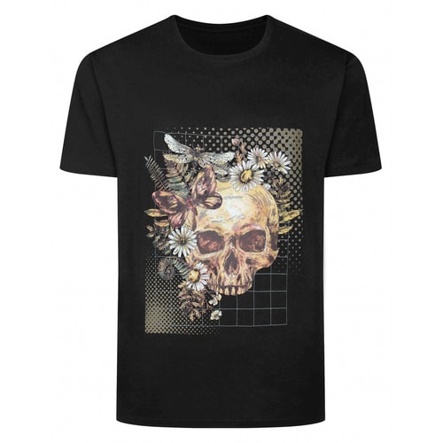Bigdude T-Shirt mit Blumen-Totenkopf-Print, Schwarz, Größe L
