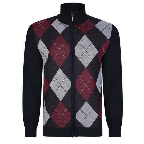 Bigdude Argyle Strickpullover mit durchgehendem Reißverschluss Navy
