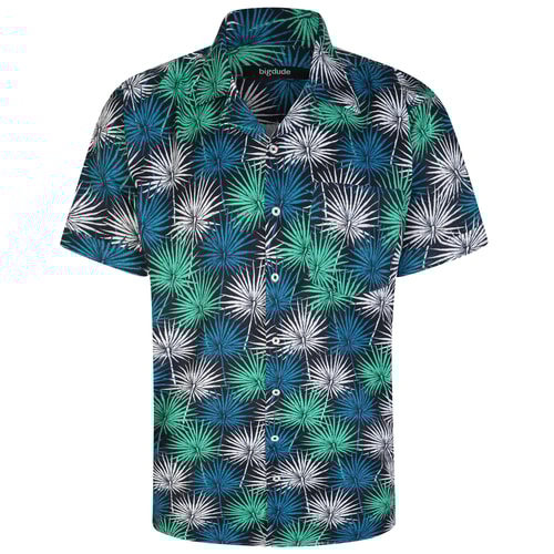 Bigdude Relaxed Collar Leaf Print Kurzarmhemd Grün/Blau Tall