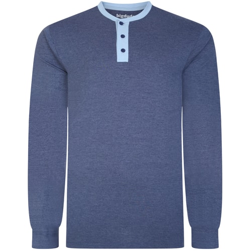 Bigdude Woven Contrast Grandad Langarm-T-Shirt aus dunklem Denim