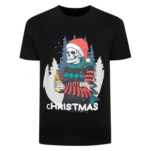 Bigdude – T-Shirt mit festlichem Weihnachts-Skelett-Print, Schwarz