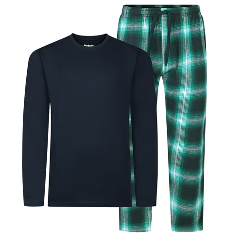 Bigdude Gemütliches Langarm-T-Shirt und karierte Hose Pyjama-Set Marineblau