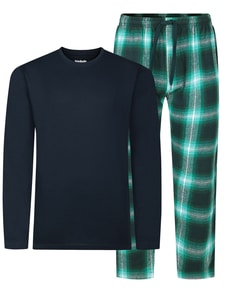 Bigdude Gemütliches Langarm-T-Shirt und karierte Hose Pyjama-Set Marineblau