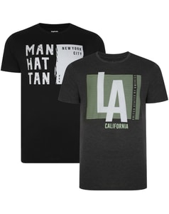 Bigdude 2er-Pack American States Print T-Shirt Schwarz/Kohle