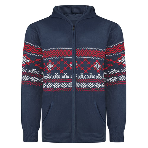 Bigdude Nordic Fair Isle Kapuzenpullover mit durchgehendem Reißverschluss, Marineblau